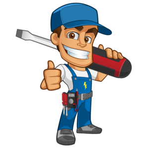 Elettricista cartone animato con cacciavite e sorriso, abbigliamento blu e attrezzi, rappresenta professionista del settore elettrico.